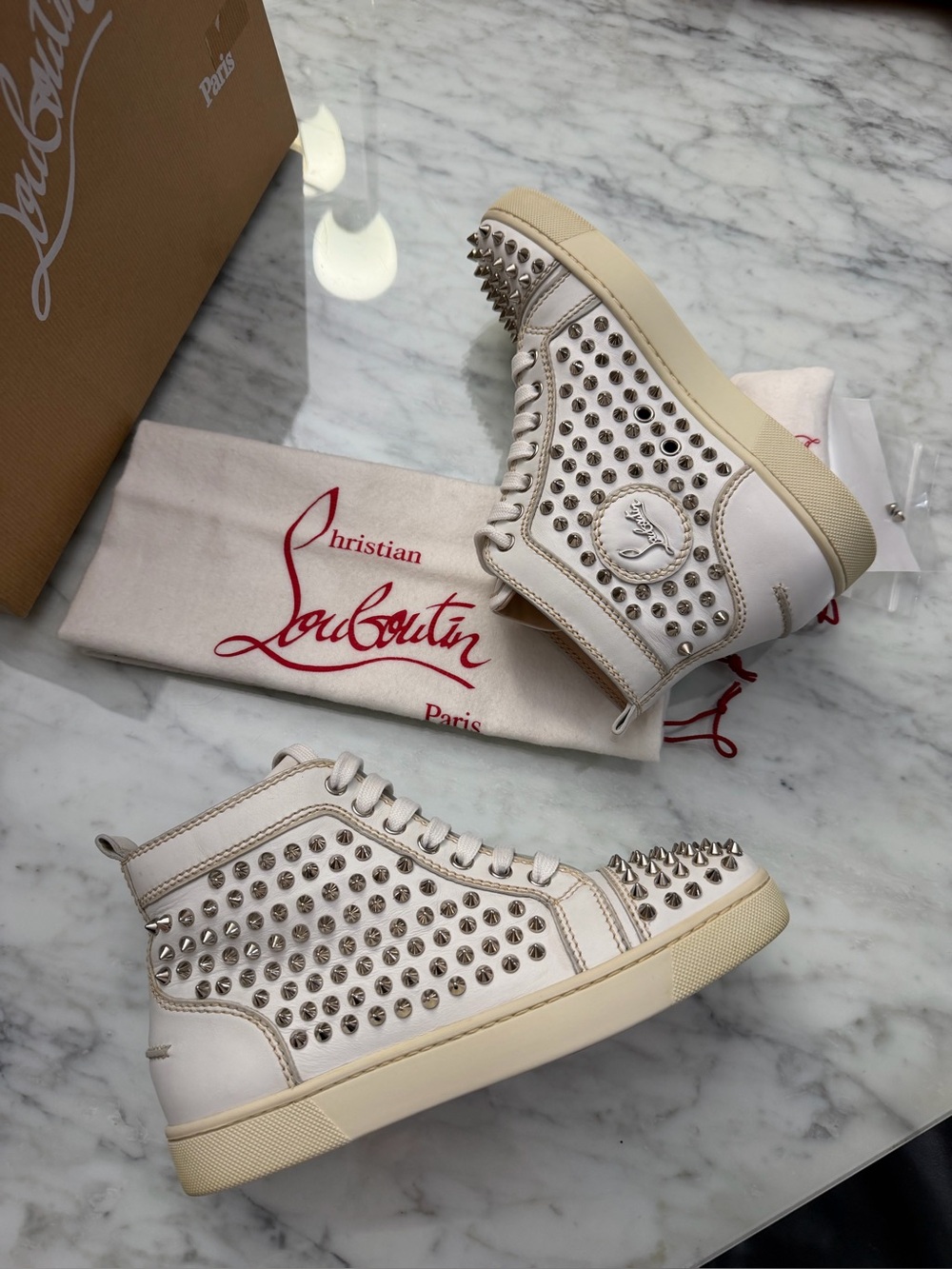 Christian louboutin Louis studded white silver with box spike sneakers 37.5 - Picture 3 of 11